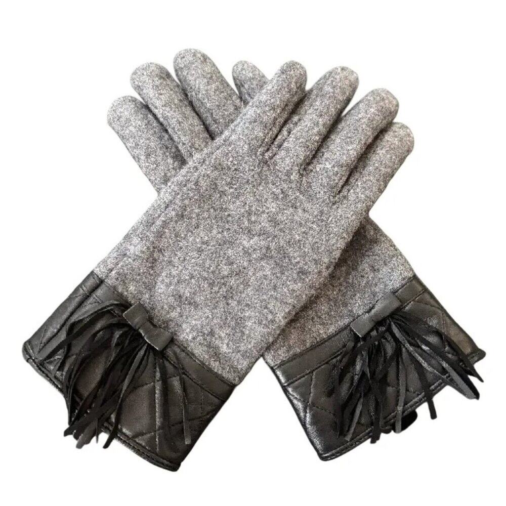 NEW SURELL 100% Wool Gloves Genuine Leather Trim  Bow Fringe  Wool lined